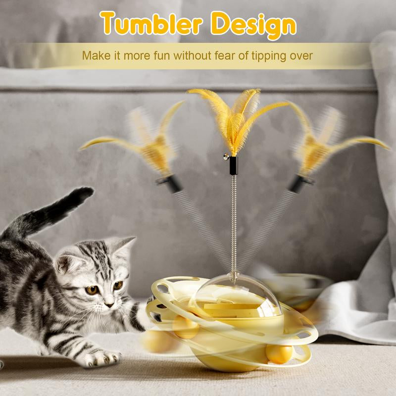 Cat Toys Interactive Track Balls,4 in 1 Cat Roller Toy for Indoor Cats,360° Rotating Slow Cat Treats&Food Dispenser Supplies Leakage Device,Fluttering Feather Toy,Track Ball,Solve Cat Anxiety and Attract Cats Gadget to Play,Christmas Gift M Silver Vine