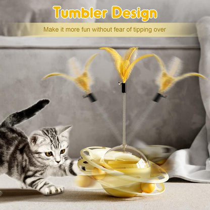 Cat Toys Interactive Track Balls,4 in 1 Cat Roller Toy for Indoor Cats,360° Rotating Slow Cat Treats&Food Dispenser Supplies Leakage Device,Fluttering Feather Toy,Track Ball,Solve Cat Anxiety and Attract Cats Gadget to Play,Christmas Gift M Silver Vine