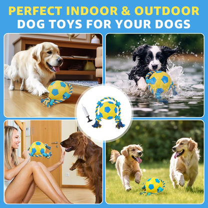 LOOBANI Interactive Dog Toy Football Fun Activity Durable Heart Chew Soccer Ball with Rope for Large Medium & Small Dogs Blue 2Pack