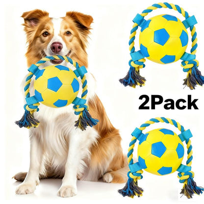 LOOBANI Interactive Dog Toy Football Fun Activity Durable Heart Chew Soccer Ball with Rope for Large Medium & Small Dogs Blue 2Pack