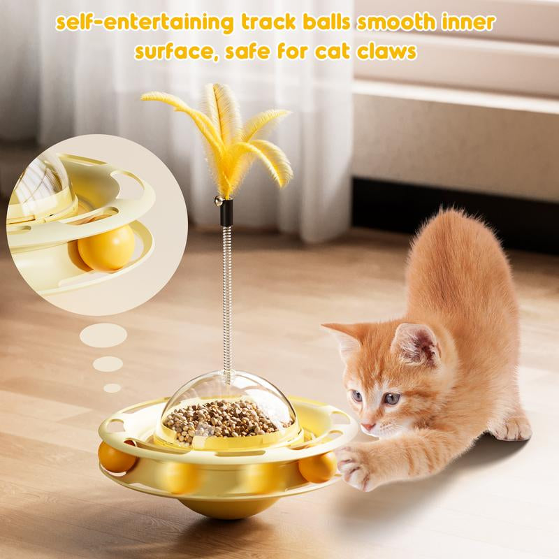 Cat Toys Interactive Track Balls,4 in 1 Cat Roller Toy for Indoor Cats,360° Rotating Slow Cat Treats&Food Dispenser Supplies Leakage Device,Fluttering Feather Toy,Track Ball,Solve Cat Anxiety and Attract Cats Gadget to Play,Christmas Gift M Silver Vine