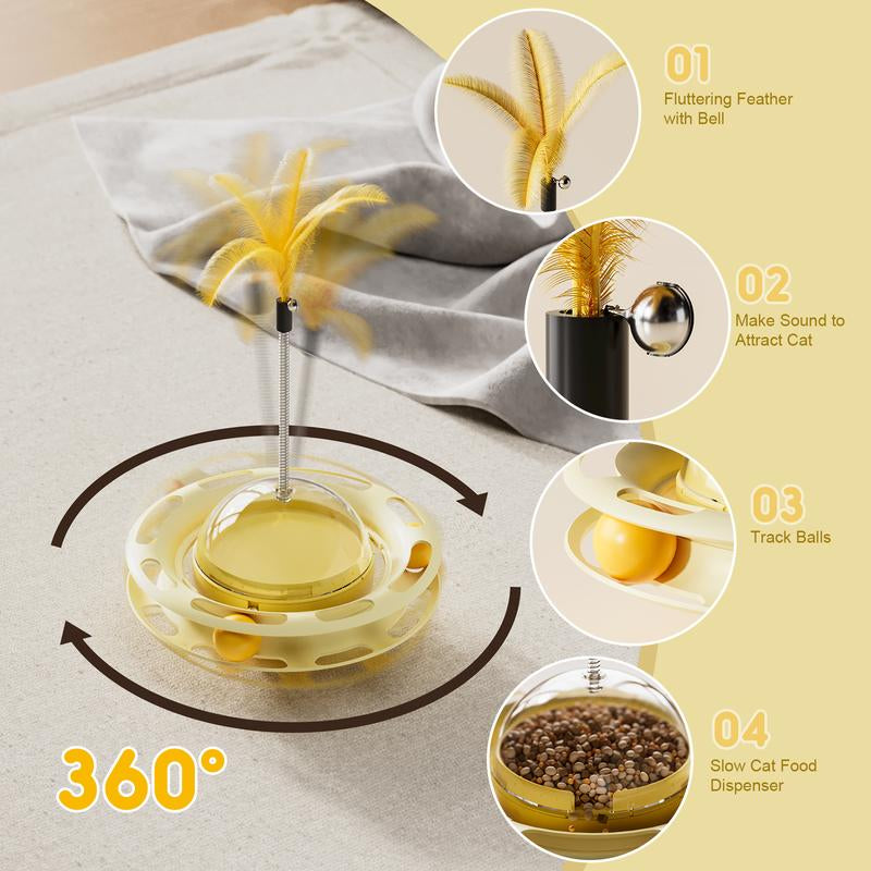 Cat Toys Interactive Track Balls,4 in 1 Cat Roller Toy for Indoor Cats,360° Rotating Slow Cat Treats&Food Dispenser Supplies Leakage Device,Fluttering Feather Toy,Track Ball,Solve Cat Anxiety and Attract Cats Gadget to Play,Christmas Gift M Silver Vine