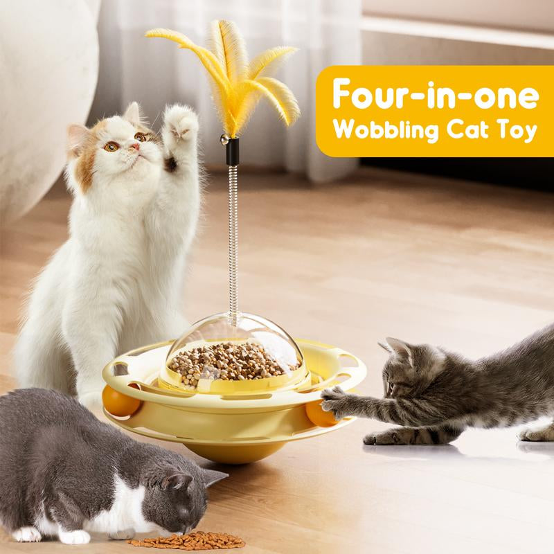 Cat Toys Interactive Track Balls,4 in 1 Cat Roller Toy for Indoor Cats,360° Rotating Slow Cat Treats&Food Dispenser Supplies Leakage Device,Fluttering Feather Toy,Track Ball,Solve Cat Anxiety and Attract Cats Gadget to Play,Christmas Gift M Silver Vine